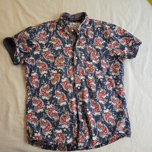 MBX Denim Wear Paisley Short Sleeve Slim Fit Cotton Button Down Shirt - Blue Red